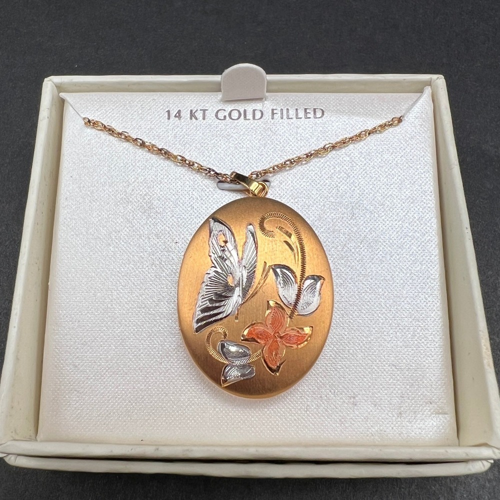 14KT Gold Filled Locket Necklace Oval Tri-Color Butterfly Floral Vintage TK